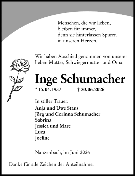 Traueranzeige von Inge Schumacher von Hinterländer Anzeiger