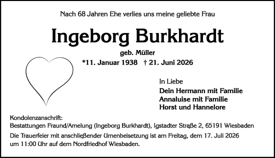 Traueranzeige von Ingeborg Burkhardt von Wiesbadener Kurier