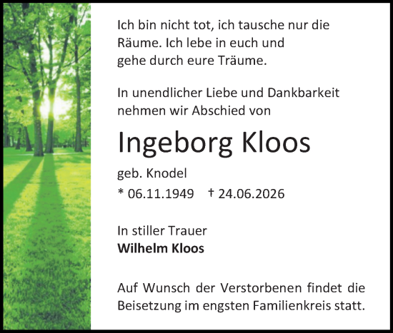 Traueranzeige von Ingeborg Kloos von Allgemeine Zeitung Mainz