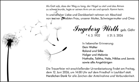 Traueranzeige von Ingeborg Wirth von Wetzlarer Neue Zeitung