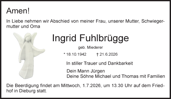 Traueranzeige von Ingrid Fuhlbrügge von Dieburger Anzeiger/Groß-Zimmerner Lokal-Anzeiger