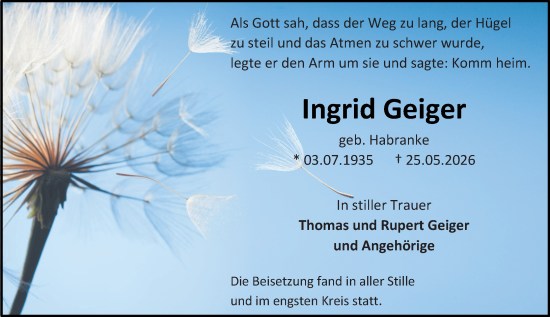 Traueranzeige von Ingrid Geiger von Allgemeine Zeitung Alzey