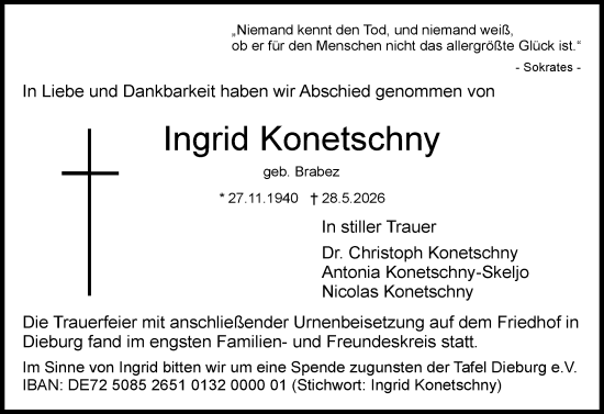 Traueranzeige von Ingrid Konetschny von Dieburger Anzeiger/Groß-Zimmerner Lokal-Anzeiger