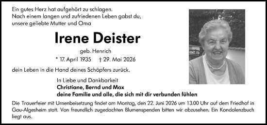Traueranzeige von Irene Deister von Allgemeine Zeitung Rheinhessen-Nahe