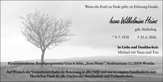 Traueranzeige von Irene Wilhelmine Heinz von Wetzlarer Neue Zeitung