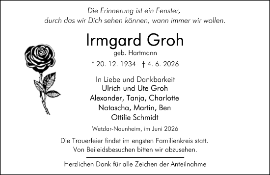 Traueranzeige von Irmgard Groh von Wetzlarer Neue Zeitung
