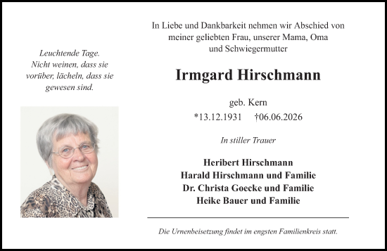 Traueranzeige von Irmgard Hirschmann von Allgemeine Zeitung Mainz