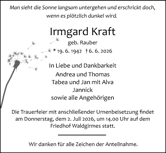 Traueranzeige von Irmgard Kraft von Wetzlarer Neue Zeitung