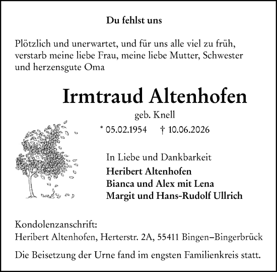 Traueranzeige von Irmtraud Altenhofen von Binger-/Ingelheimer Wochenblatt