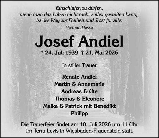 Traueranzeige von Josef Andiel von Wiesbadener Kurier