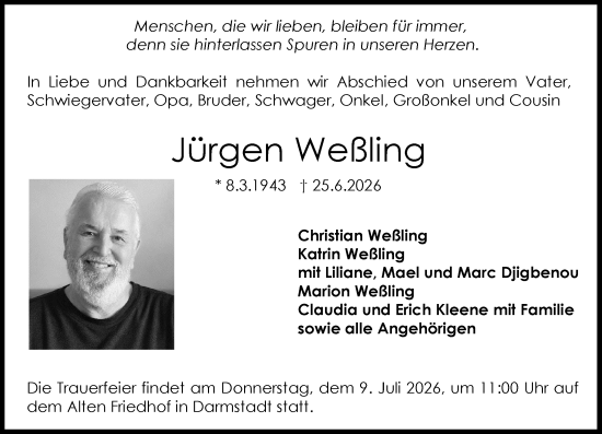 Traueranzeige von Jürgen Weßling von Darmstädter Echo