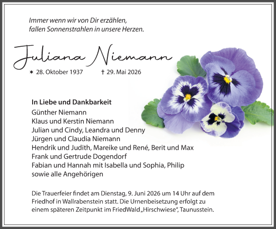 Traueranzeige von Juliana Niemann von Idsteiner Land/Untertaunus