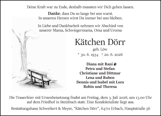 Traueranzeige von Kätchen Dörr von Odenwälder Echo