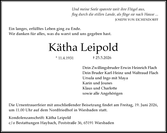 Traueranzeige von Kätha Leipold von Wiesbadener Kurier