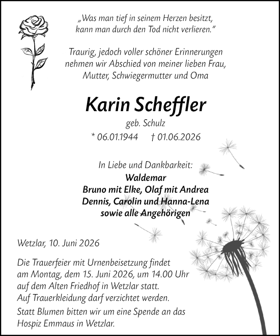 Traueranzeige von Karin Scheffler von Wetzlarer Neue Zeitung