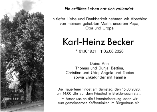 Traueranzeige von Karl-Heinz Becker von Hinterländer Anzeiger