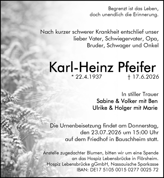 Traueranzeige von Karl-Heinz Pfeifer von Rüsselsheimer Echo