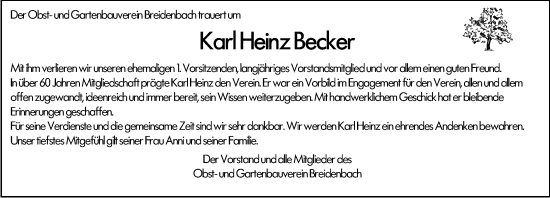 Traueranzeige von Karl Heinz Becker von Hinterländer Anzeiger