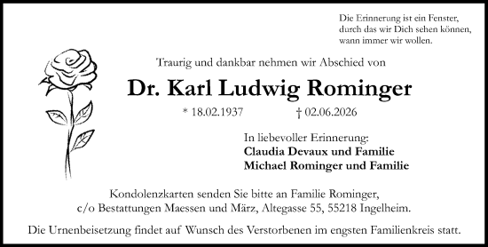 Traueranzeige von Karl Ludwig Rominger von Allgemeine Zeitung Rheinhessen-Nahe