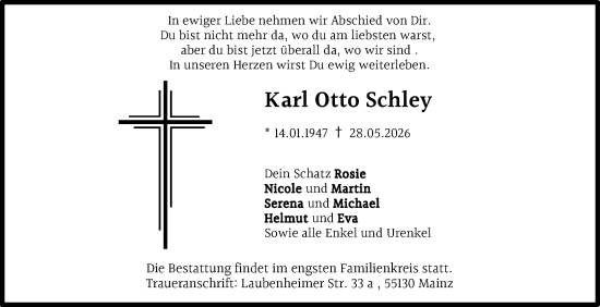 Traueranzeige von Karl Otto Schley von Allgemeine Zeitung Mainz