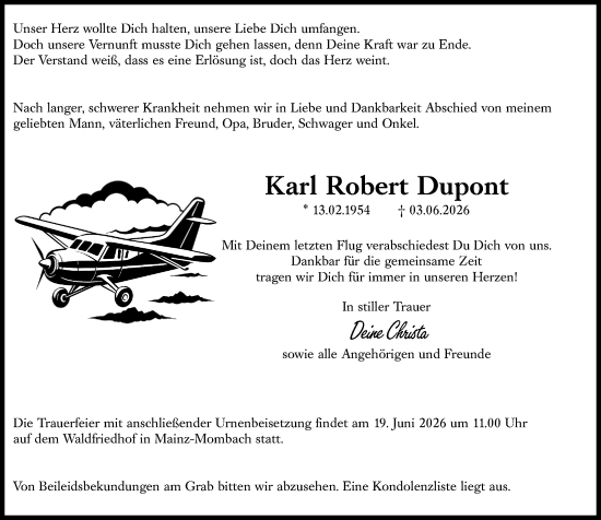 Traueranzeige von Karl Robert Dupont von Allgemeine Zeitung Mainz