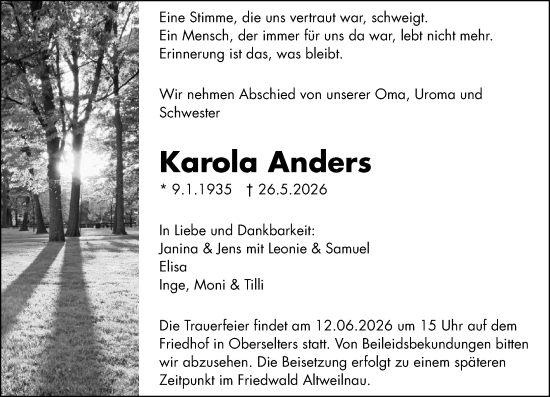 Traueranzeige von Karola Anders von Camberger Anzeiger