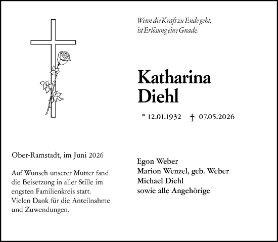 Traueranzeige von Katharina Diehl von Darmstädter Echo