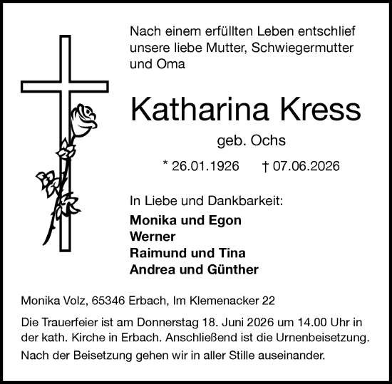 Traueranzeige von Katharina Kress von Rheingau Kurier