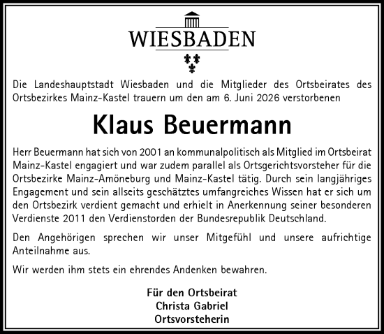 Traueranzeige von Klaus Beuermann von Wiesbadener Kurier