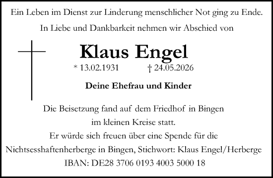 Traueranzeige von Klaus Engel von Allgemeine Zeitung Rheinhessen-Nahe