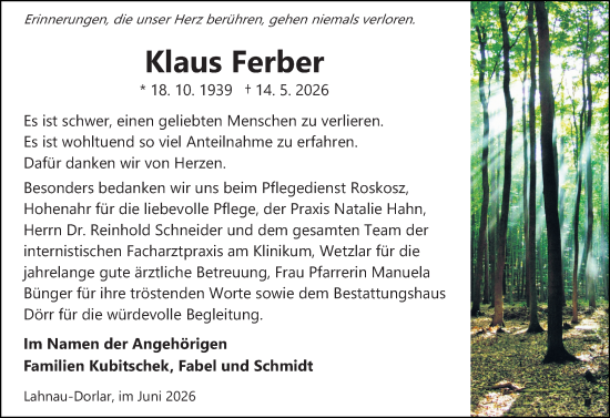 Traueranzeige von Klaus Ferber von Wetzlarer Neue Zeitung