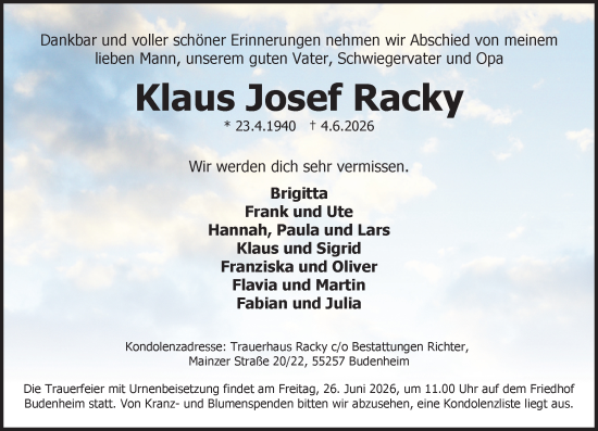 Traueranzeige von Klaus Josef Racky von Allgemeine Zeitung Mainz