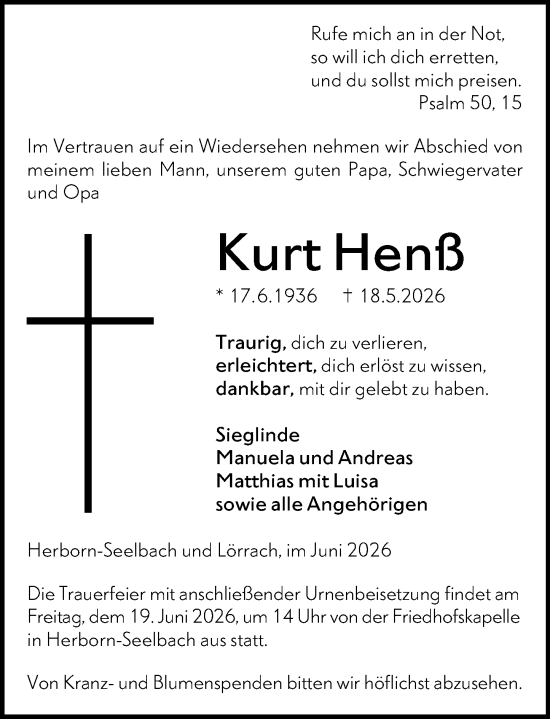 Traueranzeige von Kurt Henß von Dill Block