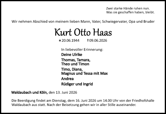 Traueranzeige von Kurt Otto Haas von Dill Block