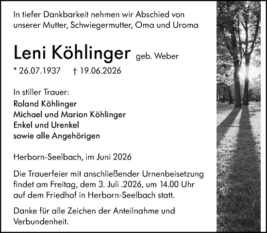 Traueranzeige von Leni Köhlinger von Dill Block