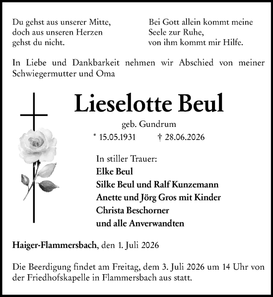 Traueranzeige von Lieselotte Beul von Dill Block