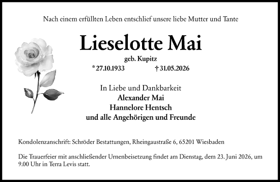 Traueranzeige von Lieselotte Mai von Wiesbadener Kurier