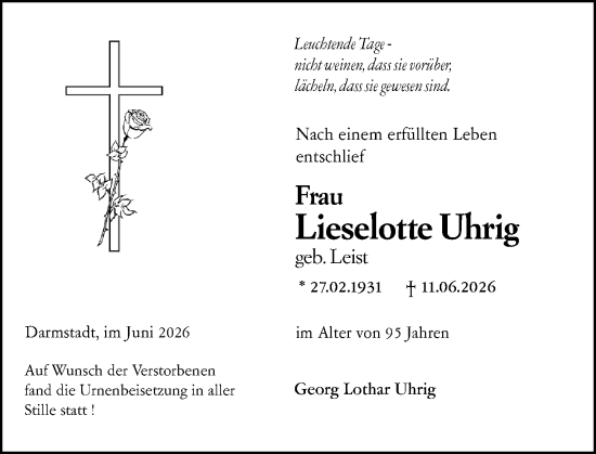 Traueranzeige von Lieselotte Uhrig von Darmstädter Echo