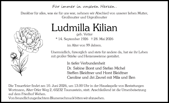 Traueranzeige von Ludmilla Kilian von Wiesbadener Kurier
