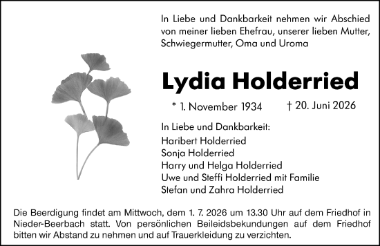 Traueranzeige von Lydia Holderried von Darmstädter Echo