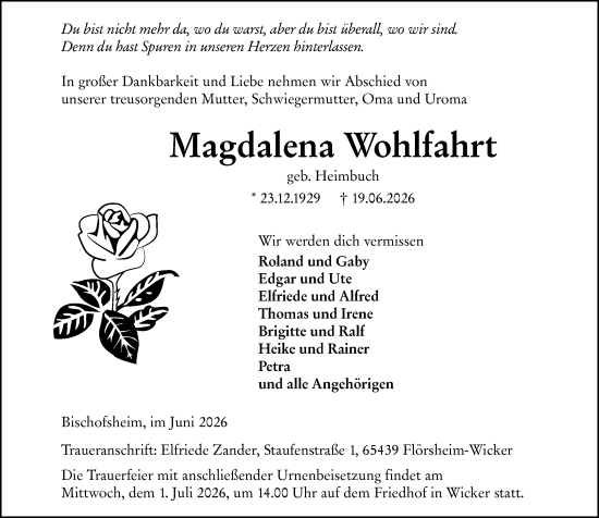Traueranzeige von Magdalena Wohlfahrt von Rüsselsheimer Echo