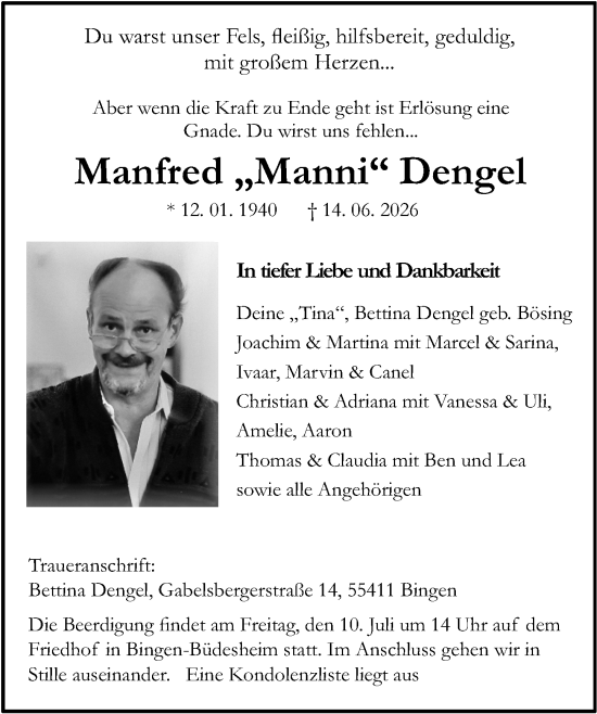 Traueranzeige von Manfred Dengel von Binger-/Ingelheimer Wochenblatt