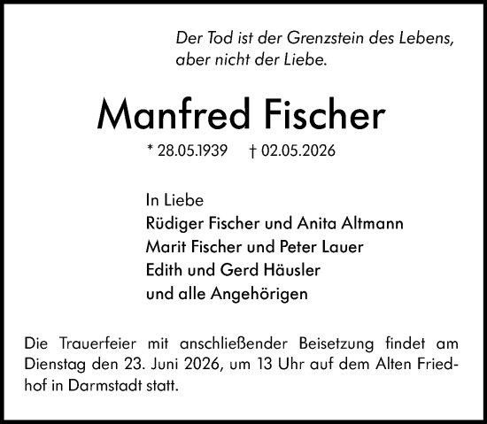 Traueranzeige von Manfred Fischer von Darmstädter Echo