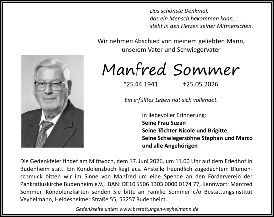 Traueranzeige von Manfred Sommer von Allgemeine Zeitung Mainz