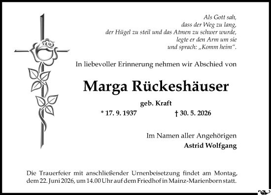 Traueranzeige von Marga Rückeshäuser von Allgemeine Zeitung Mainz