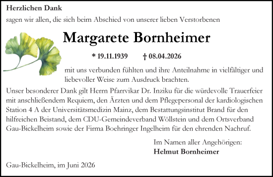 Traueranzeige von Margarete Bornheimer von Allgemeine Zeitung Alzey