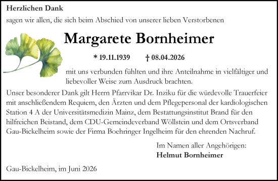 Traueranzeige von Margarete Bornheimer von Allgemeine Zeitung Alzey