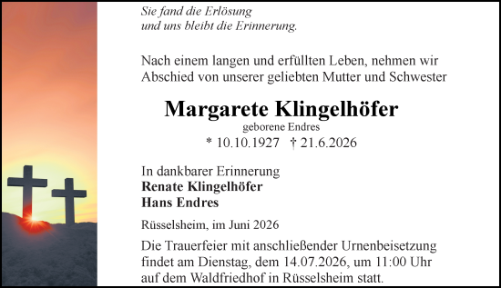 Traueranzeige von Margarete Klingelhöfer von Rüsselsheimer Echo