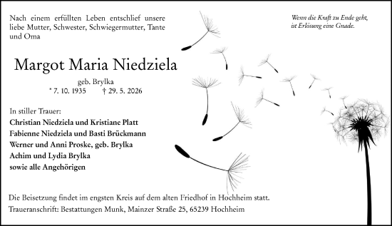 Traueranzeige von Margot Maria Niedziela von Hochheimer Zeitung
