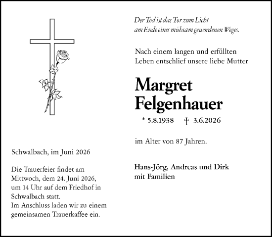Traueranzeige von Margret Felgenhauer von Wetzlarer Neue Zeitung